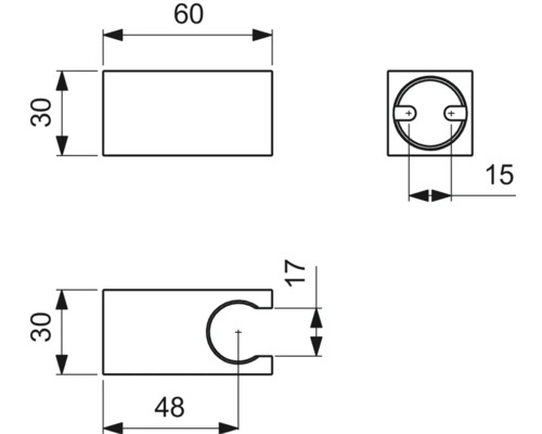 Technische Zeichnung eines Duschstangenhalters mit Maßangaben