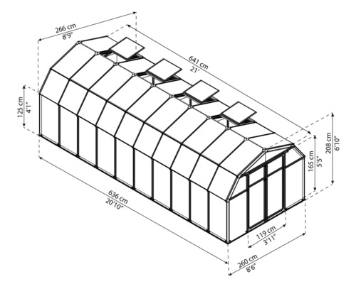 Technische Zeichnung eines Gewächshauses mit Maßangaben.