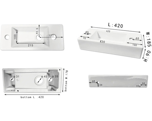 Technische Zeichnung Waschbecken mit Maßangaben
