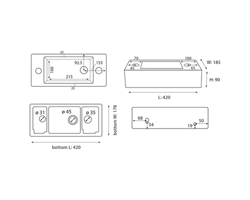 Technische Zeichnung eines Waschbeckens mit Maßangaben