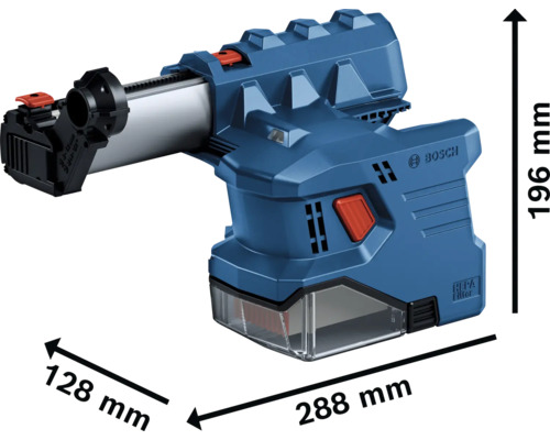 Bosch Staubabsaugung mit Maßangaben.