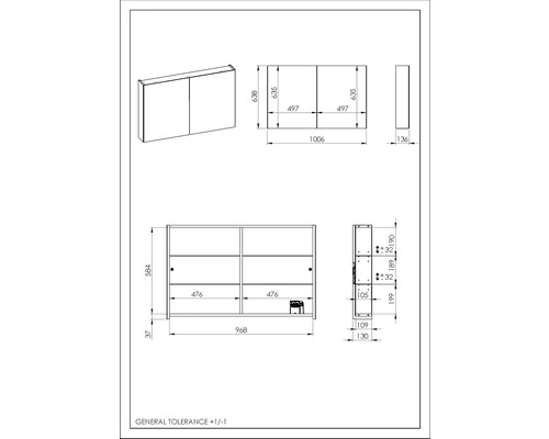 Technische Zeichnung eines Spiegelschranks mit Maßen
