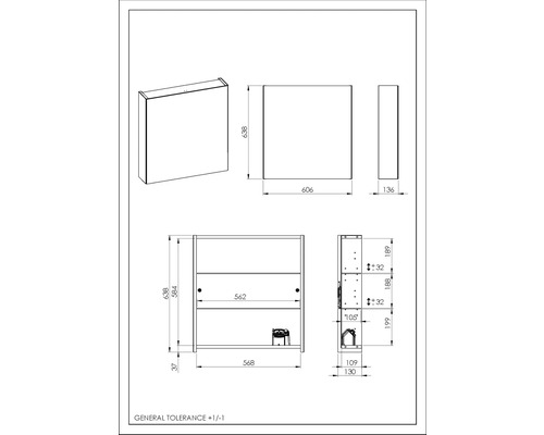 Technische Zeichnung eines Spiegelschranks mit Maßangaben