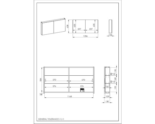 Technische Zeichnung eines Badezimmer-Spiegelschrankes mit Maßangaben