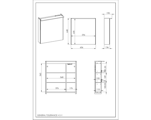 Technische Zeichnung eines Badezimmerschranks mit Maßangaben