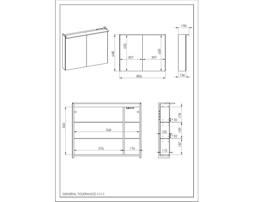 Technische Zeichnung eines Spiegelschranks mit Maßangaben