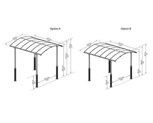 Illustration von zwei Terrassenüberdachungsoptionen mit Maßangaben