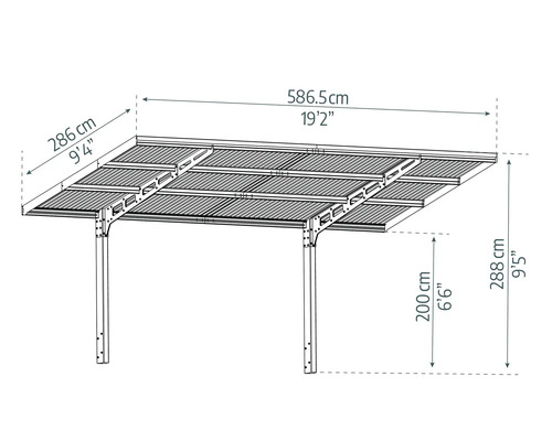 Abbildung eines Carports mit den Maßen 286 cm x 586,5 cm und einer Höhe von 288 cm.