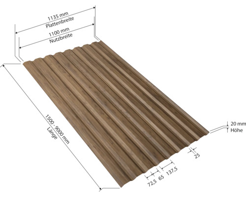 Trapezblech mit den Maßen 1135 mm Plattenbreite, 1100 mm Nutzbreite, 1500 bis 9000 mm Länge und 20 mm Höhe