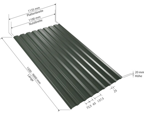 Trapezblech mit Maßangaben für Plattenbreite, Nutzbreite, Länge und Höhe