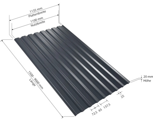 Trapezblech mit den Maßen 1135 Millimeter Plattenbreite, 1100 Millimeter Nutzbreite, 1500 bis 9000 Millimeter Länge und 20 Millimeter Höhe