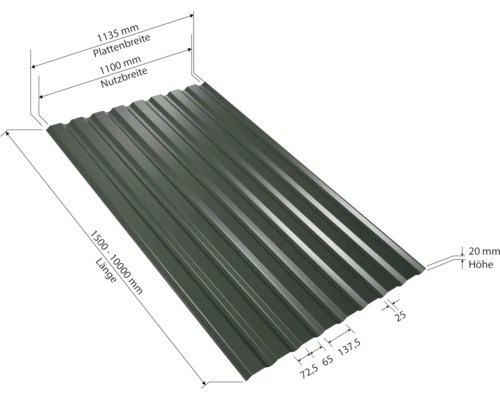Trapezblech mit Maßangaben zu Länge, Breite und Höhe.
