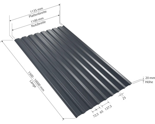 Profilblech mit Maßangaben zu Länge, Breite und Höhe