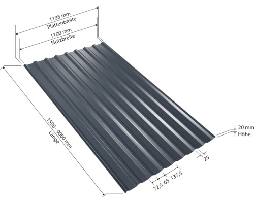Trapezblech mit den Maßen 1135 Millimeter Plattenbreite, 1100 Millimeter Nutzbreite und 1500 bis 9000 Millimeter Länge.