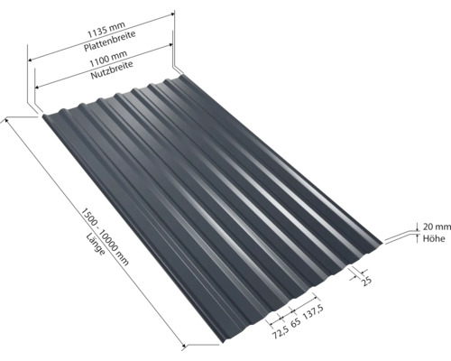 Profilblech mit Maßangaben zu Länge, Plattenbreite, Nutzbreite und Höhe.