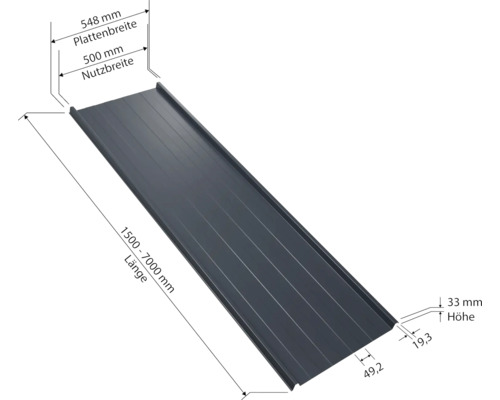 Trapezblech mit den Maßen 548 Millimeter Plattenbreite, 500 Millimeter Nutzbreite, 1500 bis 7000 Millimeter Länge und 33 Millimeter Höhe.