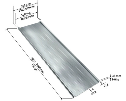 Trapezblech mit Maßangaben zur Plattenbreite, Nutzbreite, Länge und Höhe.