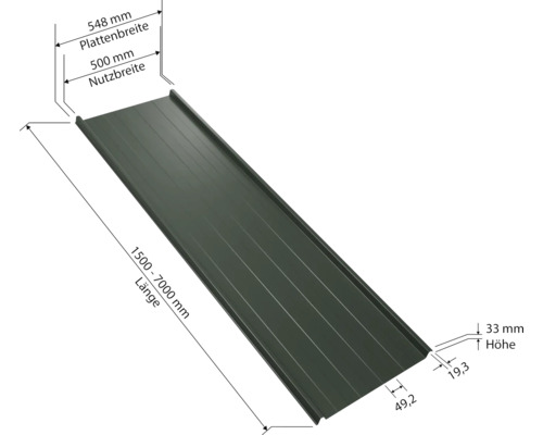 Trapezblech mit den Maßen 1500 bis 7000 Millimeter Länge, 548 Millimeter Plattenbreite und 33 Millimeter Höhe
