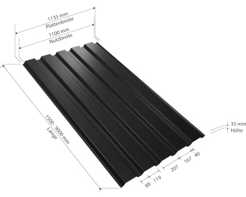 Profilblech mit Maßangaben zu Länge, Breite und Höhe