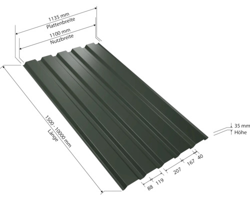 Trapezblech mit Maßangaben zu Länge, Breite und Höhe.