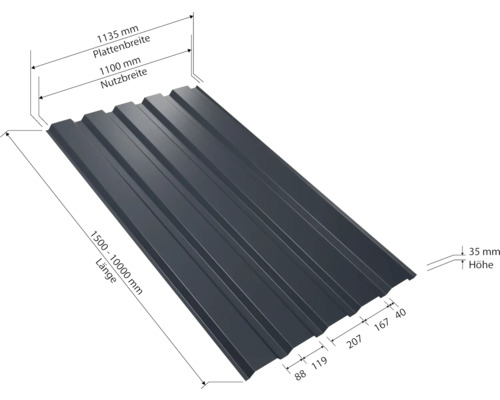Profilblech mit Maßangaben zu Breite, Länge und Höhe
