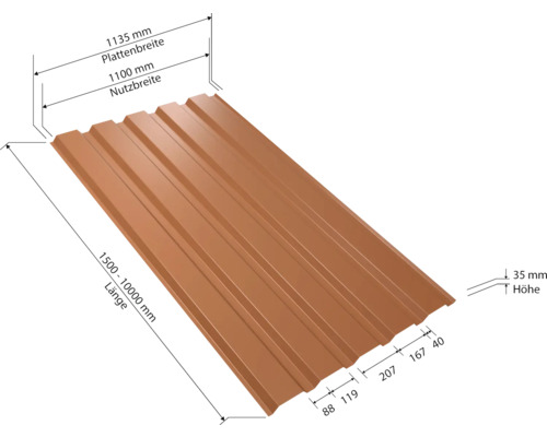 Profilblech mit Maßangaben zur Veranschaulichung der Abmessungen