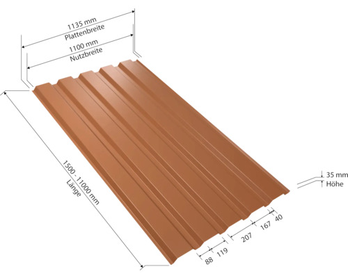 Profilblech mit Maßangaben zu Breite, Länge und Höhe