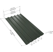 Trapezblech mit den Maßen 1070 Millimeter Plattenbreite, 1035 Millimeter Nutzbreite, 1500 bis 9000 Millimeter Länge und 35 Millimeter Höhe