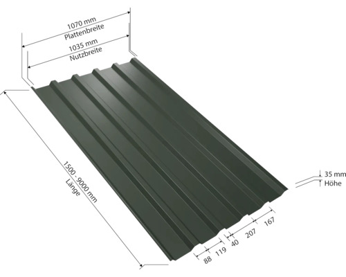 Trapezblech mit den Maßen 1070 Millimeter Plattenbreite, 1035 Millimeter Nutzbreite, 1500 bis 9000 Millimeter Länge und 35 Millimeter Höhe