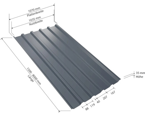 Trapezblech mit den Maßen: Plattenbreite 1070 mm, Nutzbreite 1035 mm, Länge 1500 bis 8000 mm und Höhe 35 mm.
