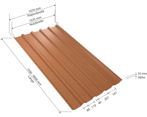 Profilblech mit Maßangaben für Breite, Länge und Höhe