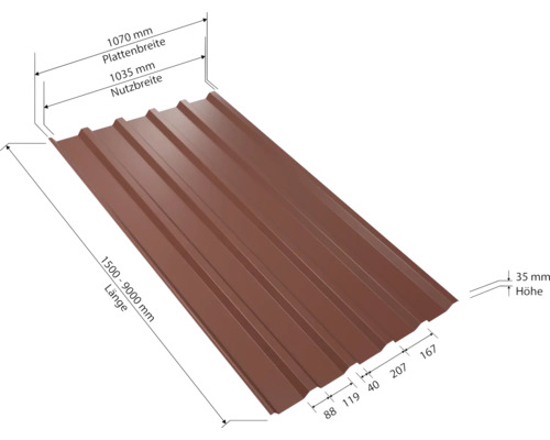 Abbildung eines braunen Trapezblechs mit Maßangaben