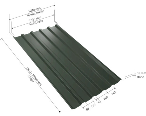 Trapezblech mit Maßangaben zu Länge, Breite und Höhe