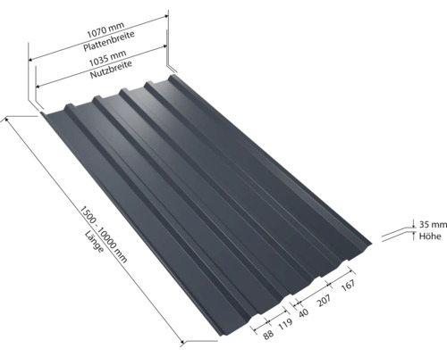 Trapezblech mit Maßangaben zu Länge, Plattenbreite, Nutzbreite und Höhe
