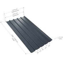 Trapezblech mit Maßangaben für Breite, Länge und Höhe