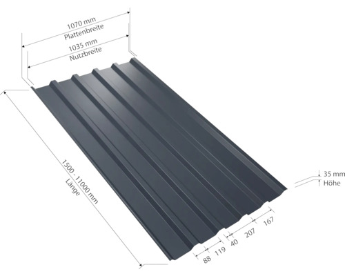 Trapezblech mit Maßangaben für Breite, Länge und Höhe