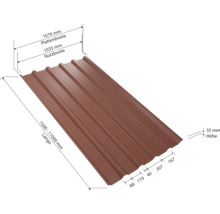 Profilblech mit den Maßen 1070 Millimeter Plattenbreite, 1035 Millimeter Nutzbreite, 1500 bis 11000 Millimeter Länge und 35 Millimeter Höhe