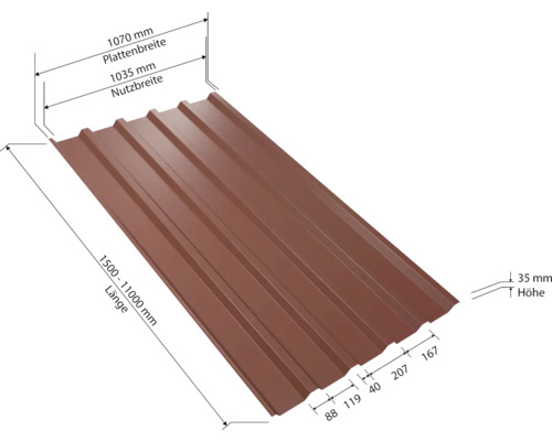 Profilblech mit den Maßen 1070 Millimeter Plattenbreite, 1035 Millimeter Nutzbreite, 1500 bis 11000 Millimeter Länge und 35 Millimeter Höhe