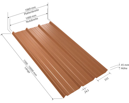 Trapezblech mit Maßangaben zur Plattenbreite, Nutzbreite, Länge und Höhe.
