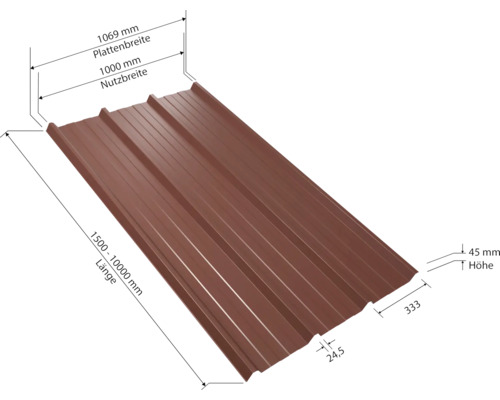 Trapezblech mit den Maßen 1069 Millimeter Plattenbreite, 1000 Millimeter Nutzbreite, 1500 bis 10000 Millimeter Länge und 45 Millimeter Höhe