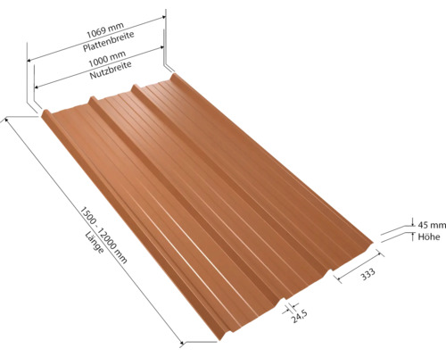 Trapezblech mit Maßangaben zur Plattenbreite, Nutzbreite, Länge und Höhe