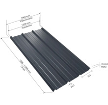 Ansicht einer Trapezblechtafel mit Maßangaben zur Plattenbreite, Nutzbreite, Länge und Höhe.