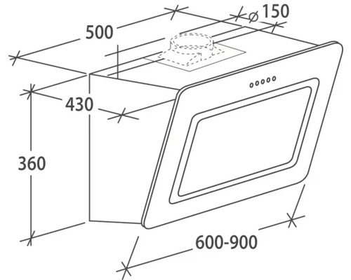 Technische Zeichnung einer Dunstabzugshaube mit Maßangaben.
