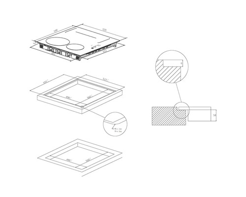 Einbauzeichnung für ein Kochfeld mit Maßangaben