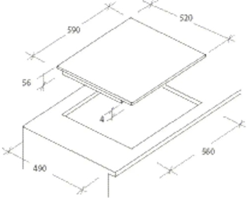 Technische Zeichnung eines Kochfelds mit Maßangaben.