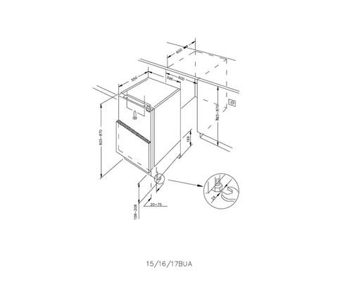 Technische Zeichnung eines Geschirrspülers mit Maßangaben für die Installation