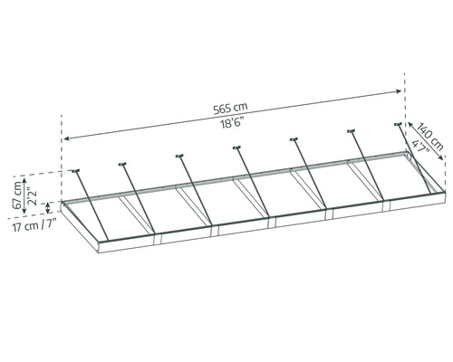 Produktmaßzeichnung mit Angaben zu Länge, Breite und Höhe in Zentimetern