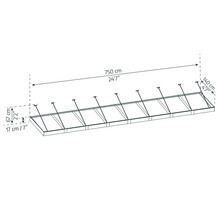 Technische Zeichnung einer Überdachung mit Maßen 750 cm Länge, 140 cm Breite und 67 cm Höhe