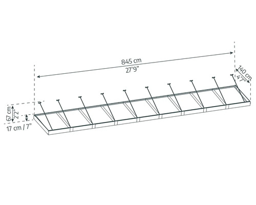 Abmessungen einer Terrassenüberdachung: 845 cm Länge, 140 cm Breite und 167 cm Höhe.