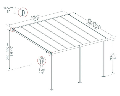Technische Zeichnung eines Pavillons mit Maßangaben